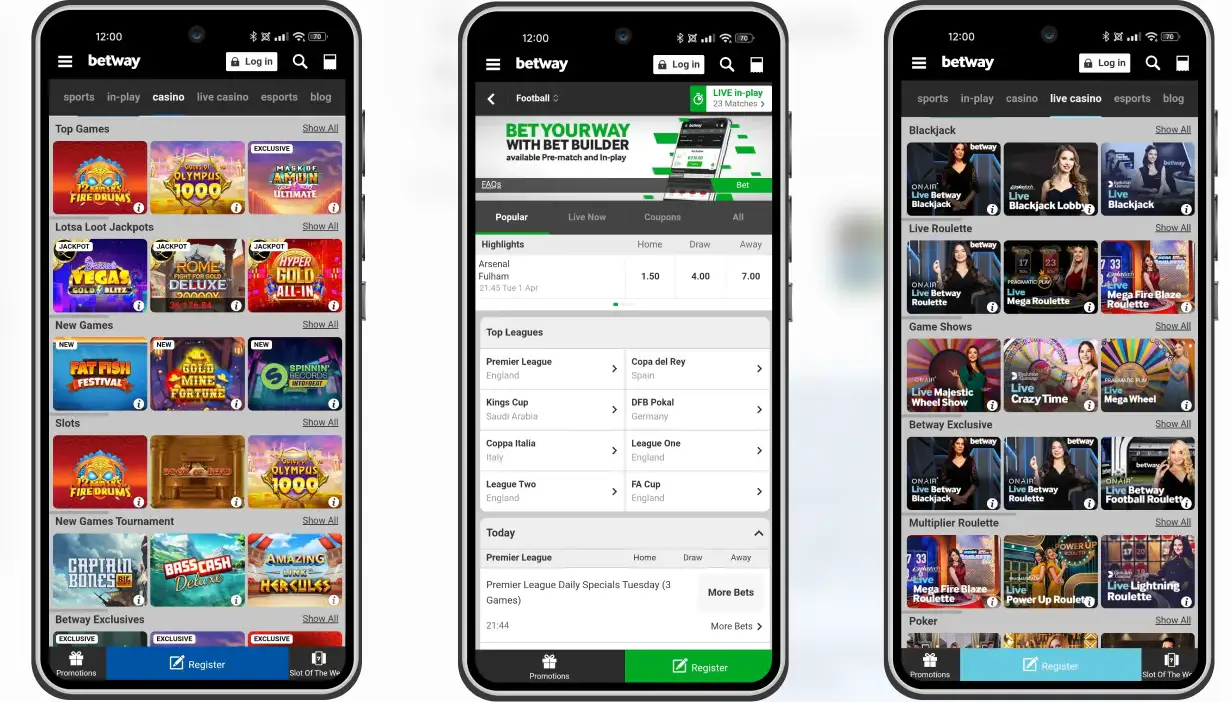 Mobiele versie van Betway met casinospellen, sportweddenschappen en live casinospellen op smartphones