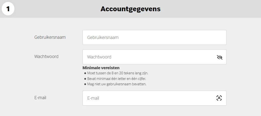 Registratieformulier van Betway met velden voor gebruikersnaam, wachtwoord en e-mailadres